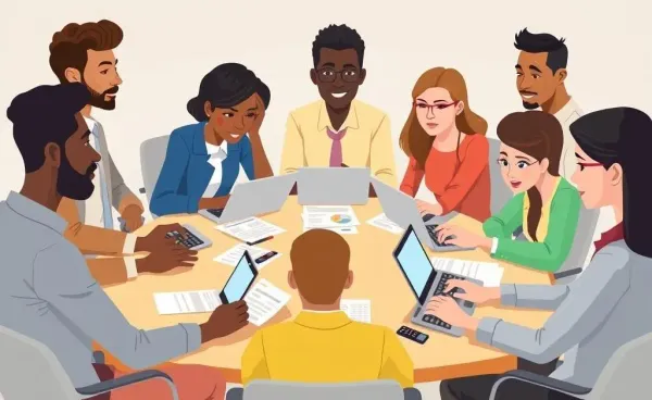 A diverse group of people gathered around a table, discussing finances.