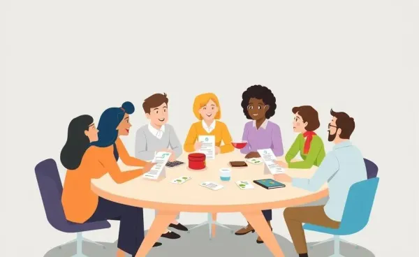 An illustration of people discussing finances around a table