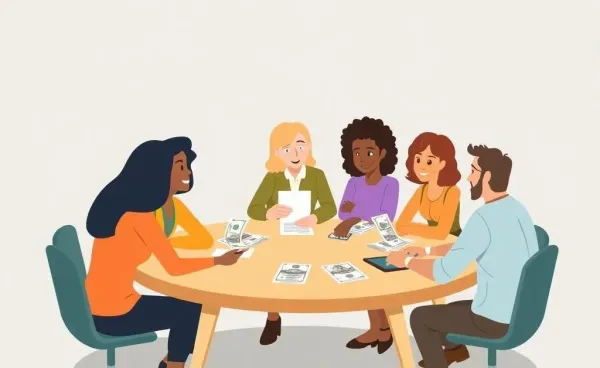 A diverse group of people in a cartoon style discussing finances around a table
