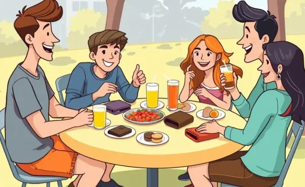 A group of friends with diverse wallets at a lunch table