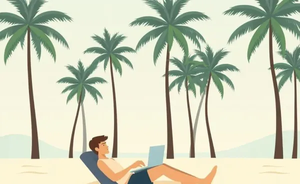 Person enjoying financial freedom on a beach with a laptop