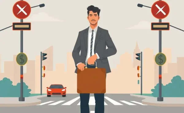 A person at a crossroads holding a suitcase of money, symbolizing financial freedom.