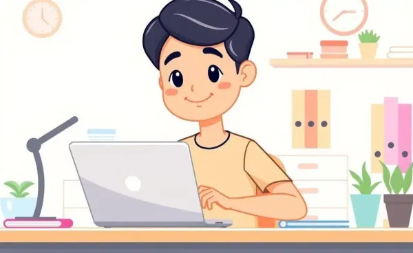 Illustration of a person managing their finances on a laptop at a tidy desk.