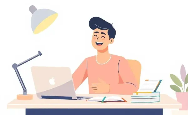 A cheerful person managing finances at a desk with a laptop, calculator, and planner