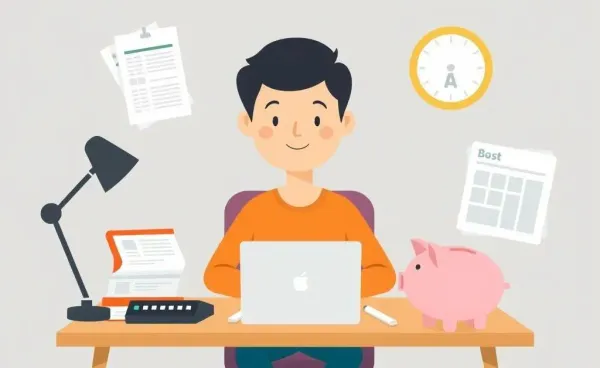 A person sitting at a desk with budget planners, a calculator, and a piggy bank.