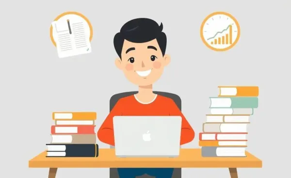 A cartoon image of a happy person at a desk with financial materials