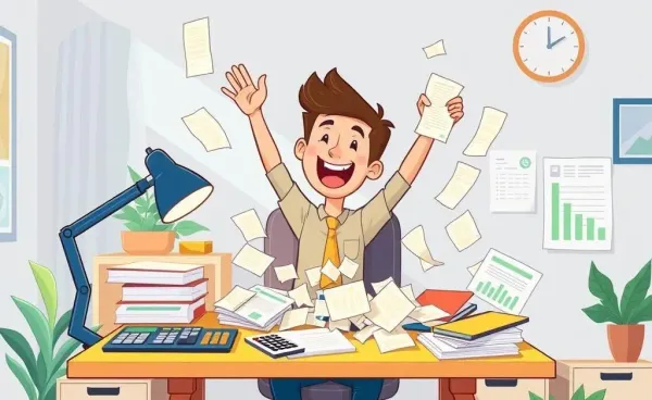 A person excitedly tearing up debt papers while planning at a desk