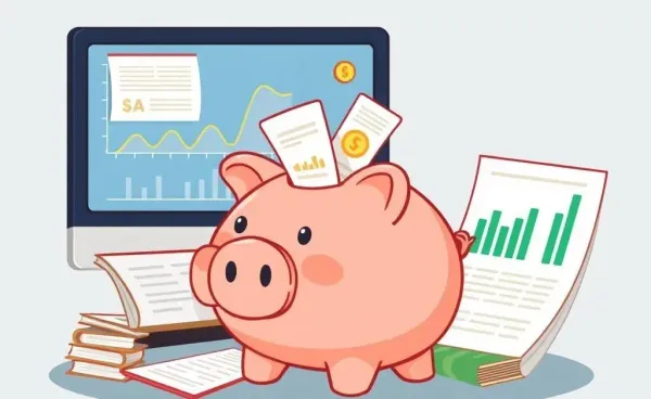 Illustration of a piggy bank and financial documents symbolizing financial freedom