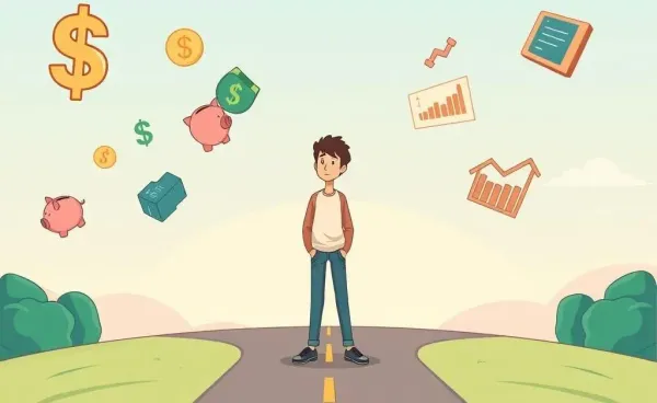 Person standing at a crossroads with financial symbols
