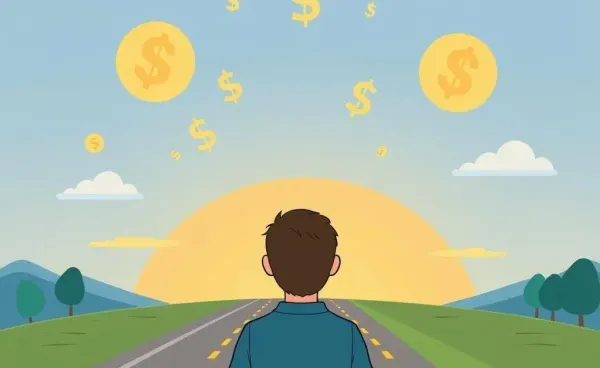 An open road with financial symbols floating in the sky.