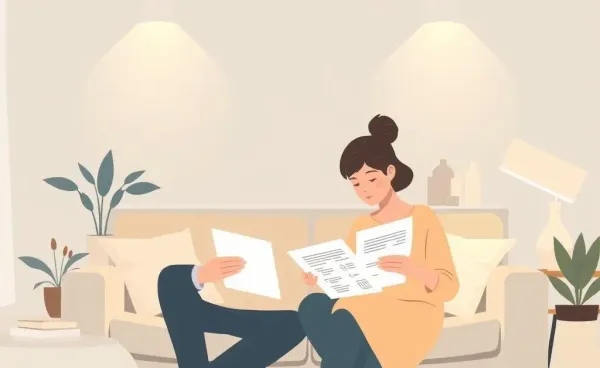 Couple reviewing finances in a living room