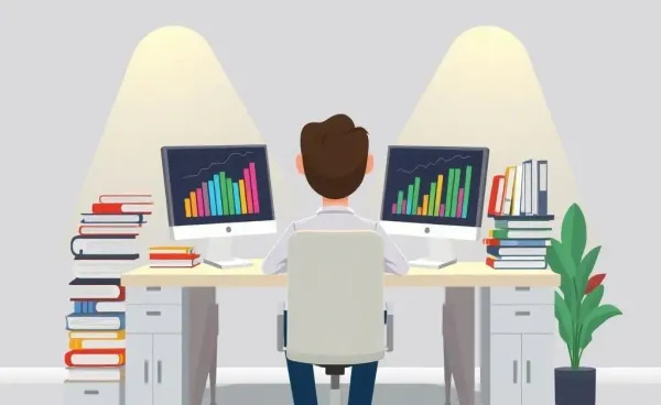 A person planning finances at a desk with books and a computer
