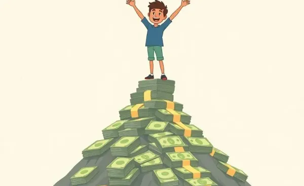 A person celebrating on a mountain of money
