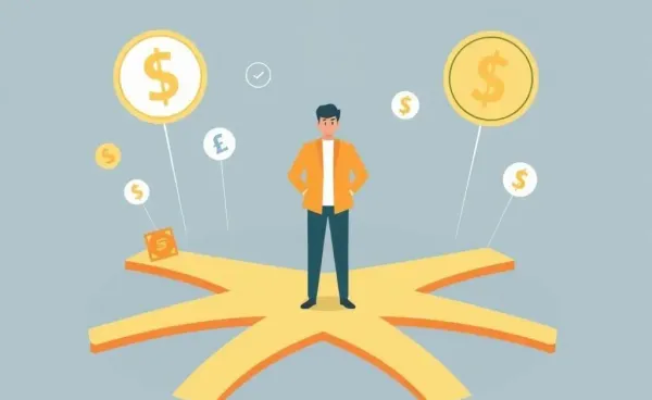 Person at crossroads with financial symbols