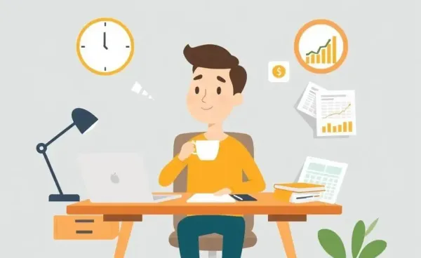 A person relaxing at a desk with financial planning tools