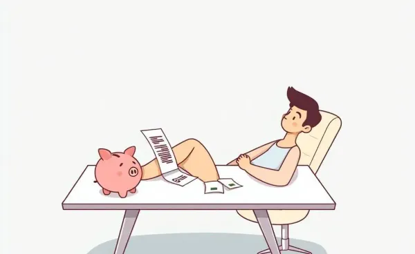 A person relaxing with financial documents and a piggy bank on the table
