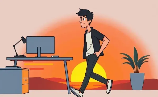Person walking away from a desk at sunset, representing financial freedom