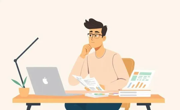 Person contemplating financial goals at 30 with documents and a laptop