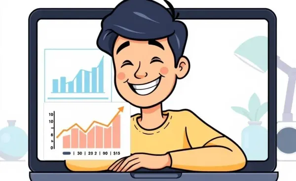 An individual in their 30s looking at a financial growth chart on a laptop.