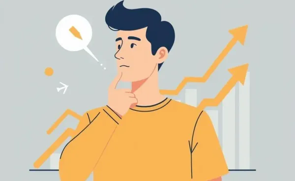 Illustration of a person contemplating a financial graph with arrows