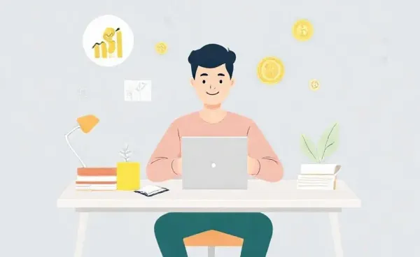 A person at a desk planning financial growth with graphs and symbols around.