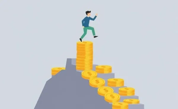 Illustration of a person climbing coin stairs for financial growth