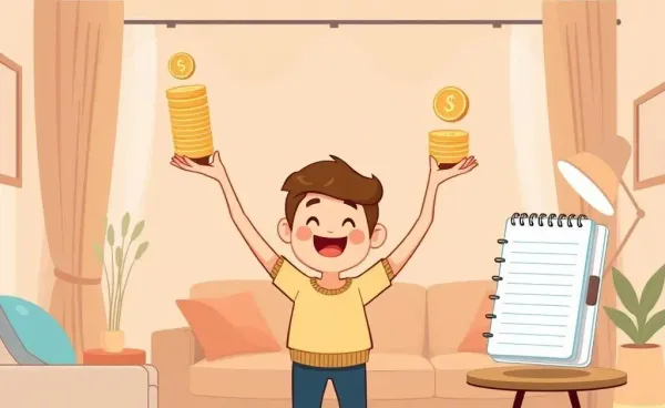 A cartoon character balancing financial tasks happily