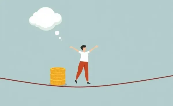 A person balancing on a tightrope with coins and a dream bubble