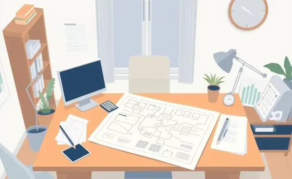 A blueprint of financial independence on a desk with planning tools