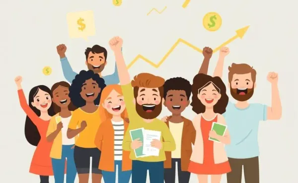 Cartoon-style image of people celebrating financial independence