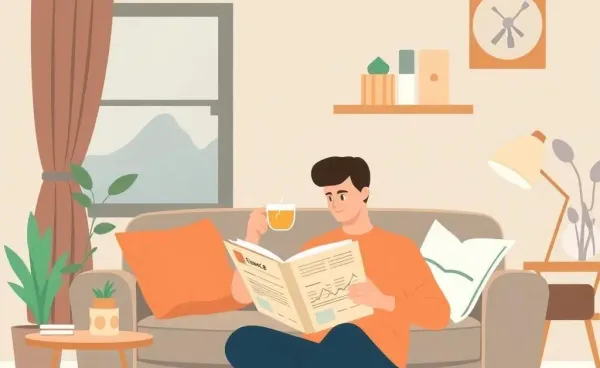 Person reading a finance book in a cozy living room