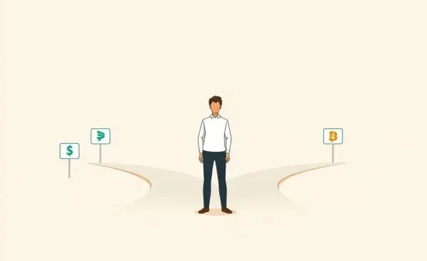 Person at a crossroads with financial symbols