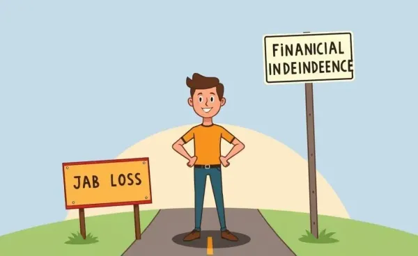 Person at a crossroads between job loss and financial independence.