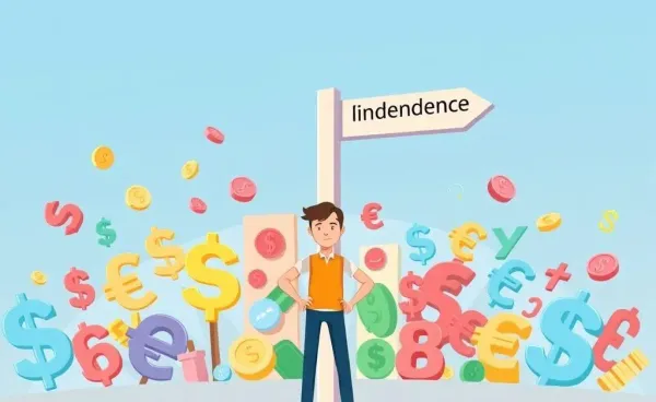 A cartoon of a person at a crossroads with money symbols and a signpost for Financial Independence