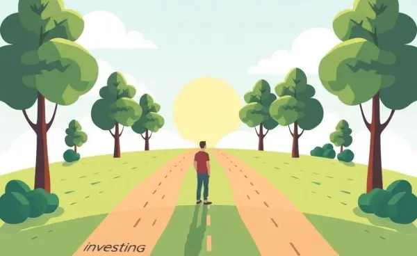 Illustration of a person at a financial crossroads with paths labeled investing and saving.