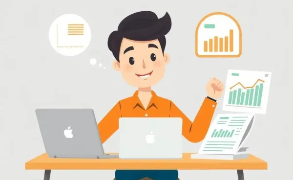 A cartoon of a person managing their finances at a desk with charts and a laptop.