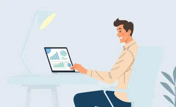 A person happily planning their finances on a laptop.