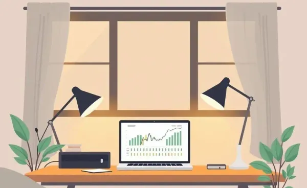 A cozy home office setup with financial charts on a laptop screen