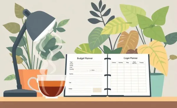 A cozy home office desk with budget planners and a cup of tea
