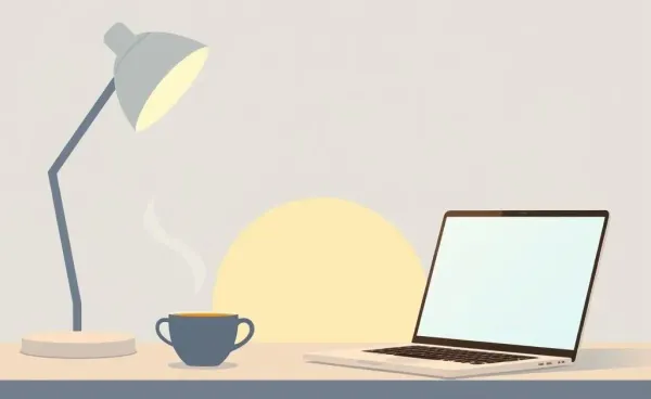 A serene setup featuring a budget planner, coffee, and a laptop on a desk.