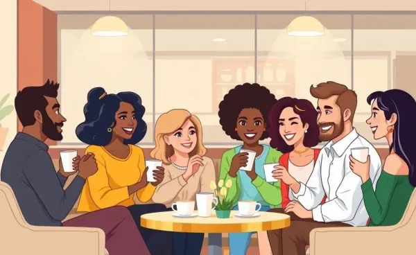 A diverse group of friends happily discussing financial independence strategies over coffee.
