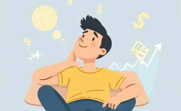 Person dreaming of travel and relaxation with financial symbols