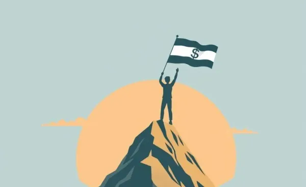 Illustration of a person celebrating financial independence on a mountain peak