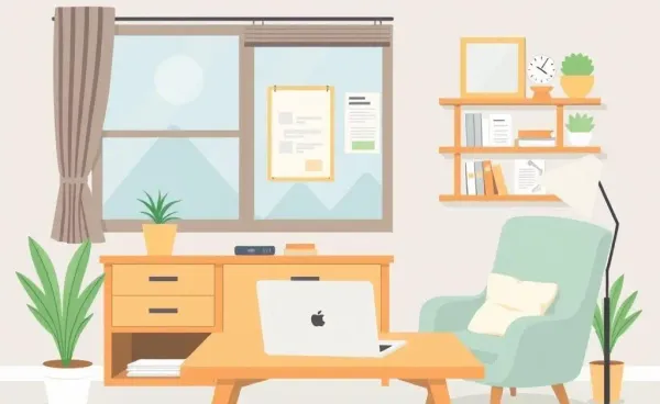 A peaceful home office with financial plans and a laptop