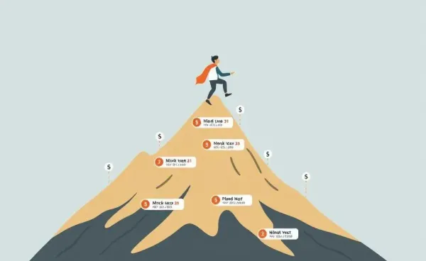 Cartoon of a person climbing a mountain labeled with financial milestones