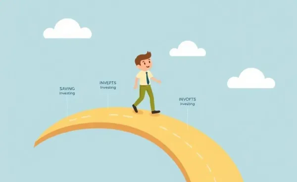 A cartoon-style person on a financial journey path with milestones like saving, investing, and retiring