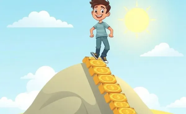 A person climbing a staircase made of coins towards a bright horizon