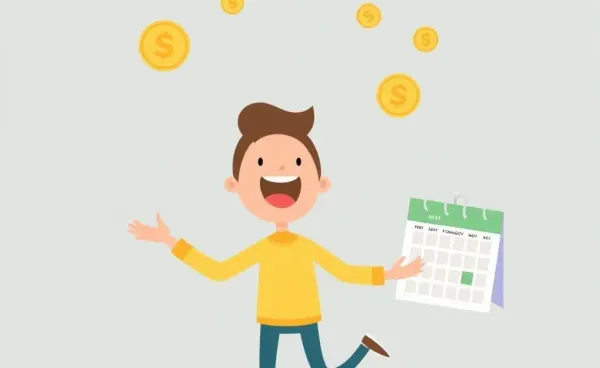 Person juggling coins and a calendar happily
