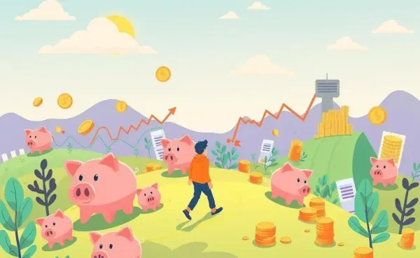 Cartoon illustration of a person navigating a landscape with financial symbols