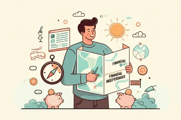 Illustration of a person on the path to financial independence with various financial symbols